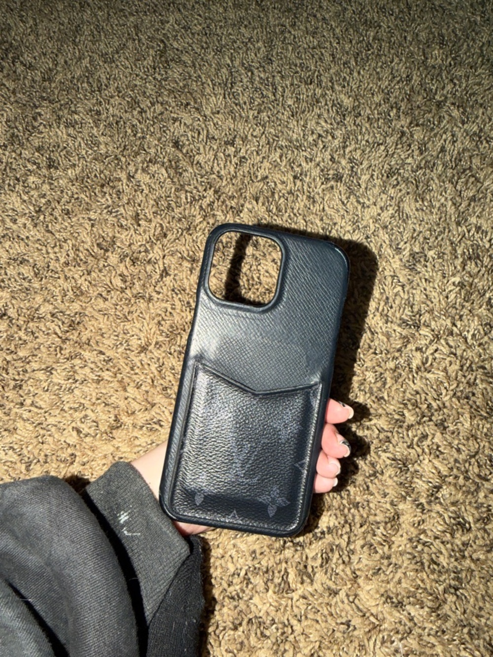Genuine LV Leather Card Pocket Phone Case - Black